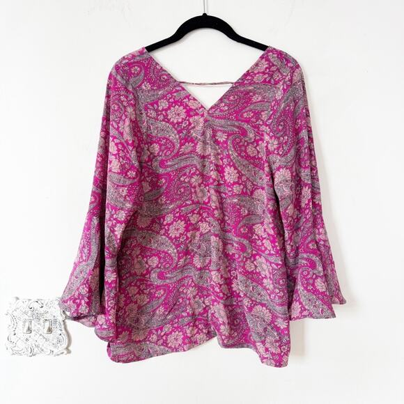 Karma Highway Pink Paisley Floral Boho Bell Sleeve Silky Blouse M - Picture 4 of 5